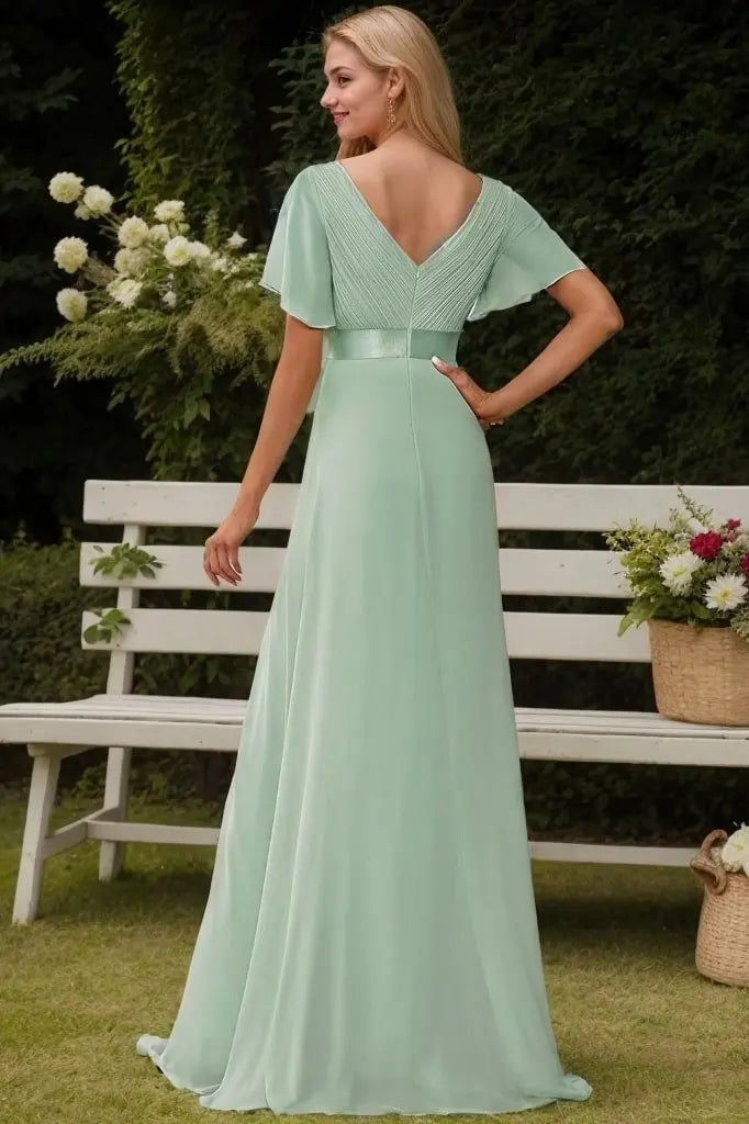 A-Line/Princess Chiffon Ruched V-neck Short Sleeves Sweep/Brush Train Bridesmaid Dresses