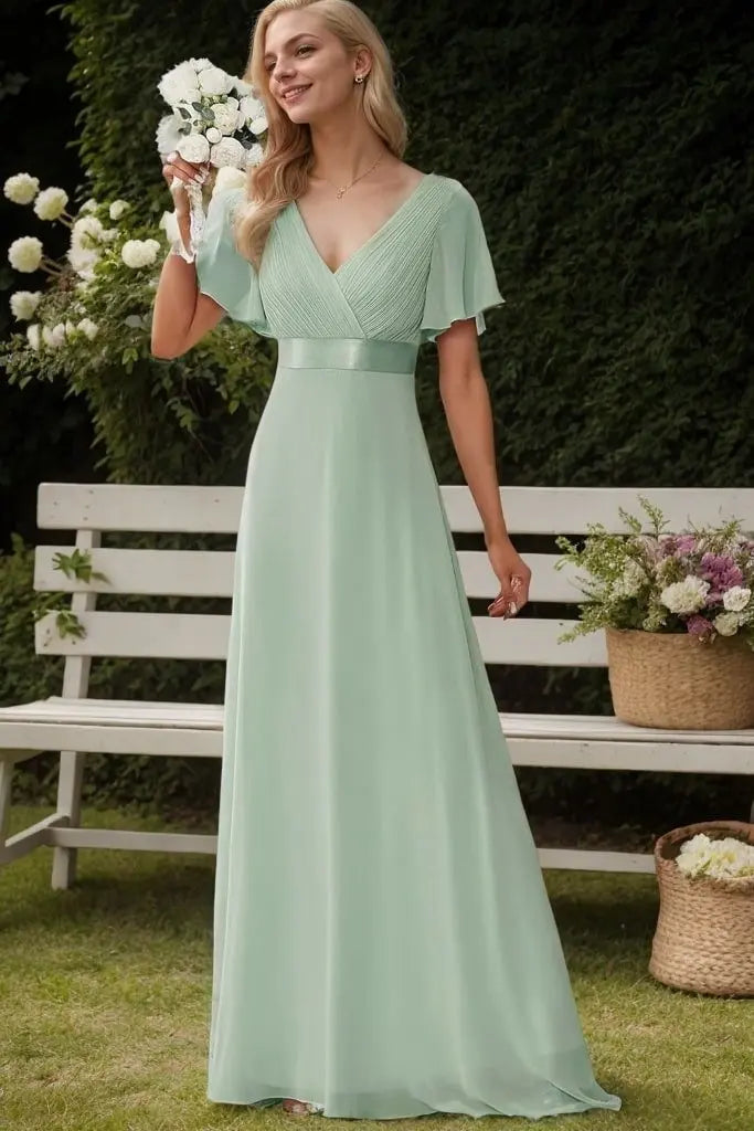 A-Line/Princess Chiffon Ruched V-neck Short Sleeves Sweep/Brush Train Bridesmaid Dresses