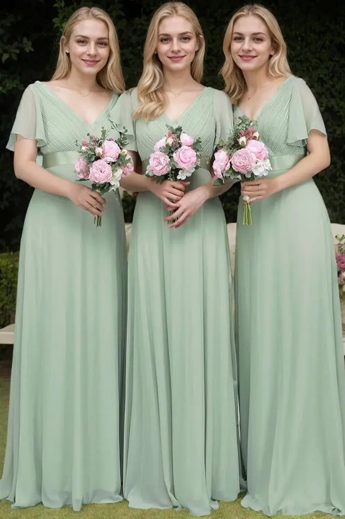 A-Line/Princess Chiffon Ruched V-neck Short Sleeves Sweep/Brush Train Bridesmaid Dresses