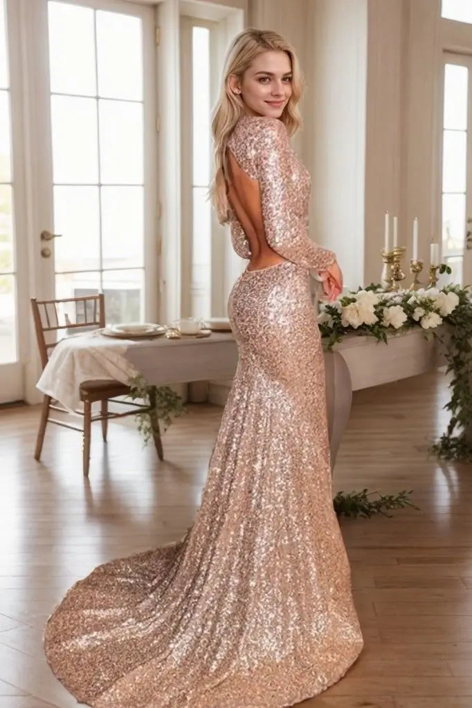 Trumpet/Mermaid Sequins Long Sleeves V-neck Court Train Ruffles  Prom Dresses