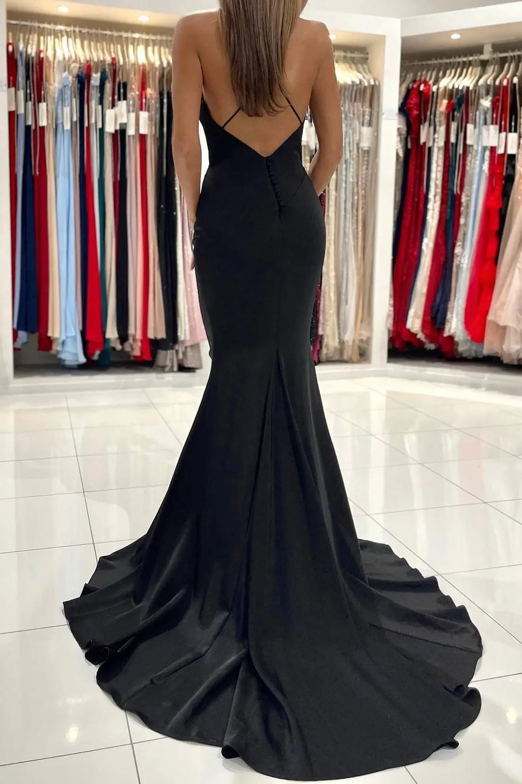 Trumpet/Mermaid V Neck Sweep Train Sleeveless Elastic Satin Prom Dress