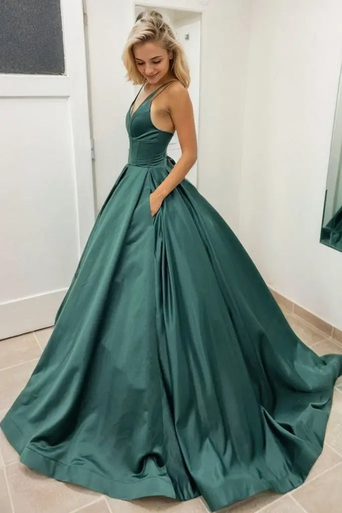 Ball Gown Sleeveless Scalloped Neck Sweep Train Satin Prom Dresses With Pleated Pockets
