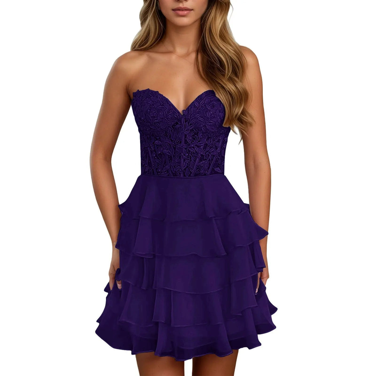 A Line Lilac Strapless Tiered Corset Short Homecoming Dress with Appliques