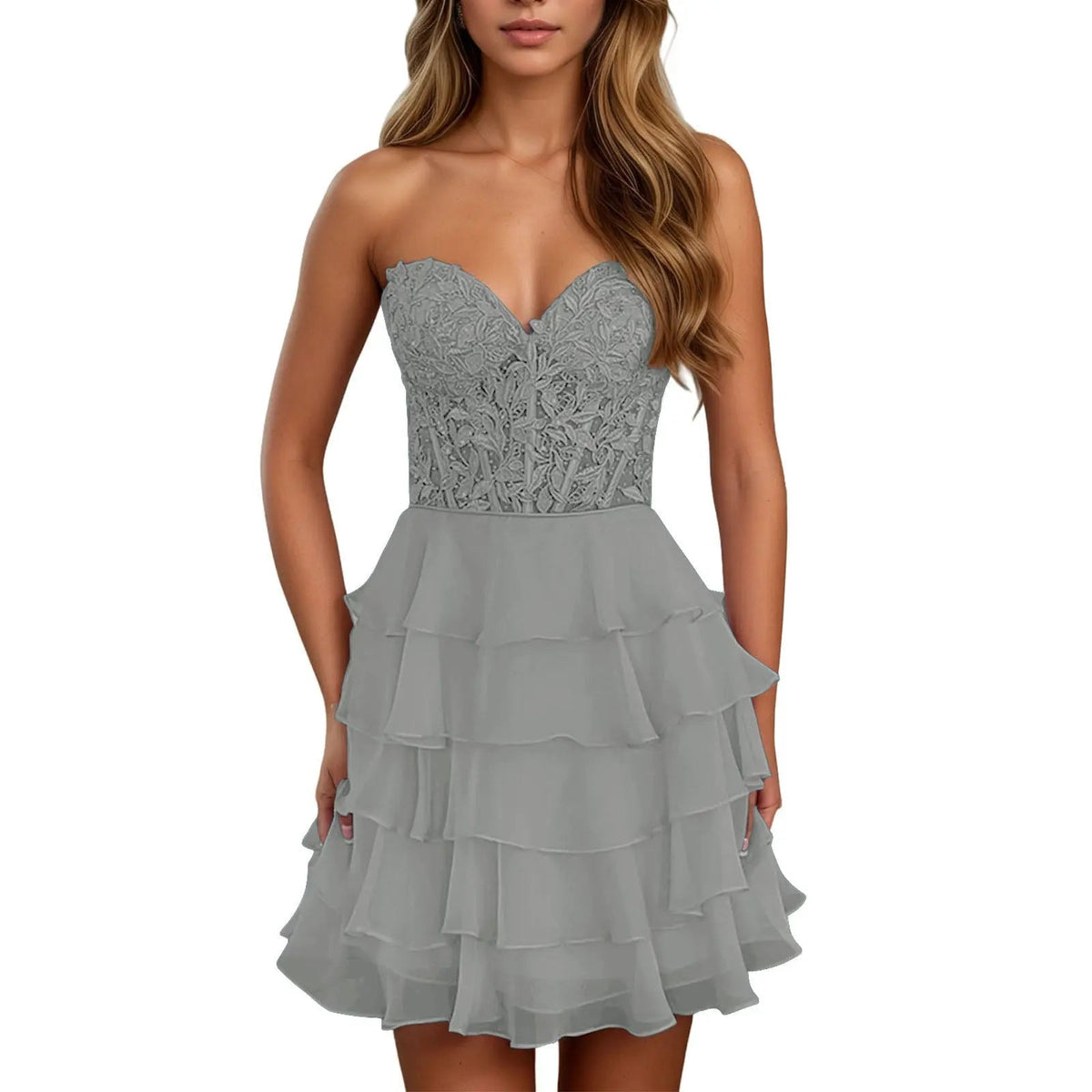 A Line Lilac Strapless Tiered Corset Short Homecoming Dress with Appliques