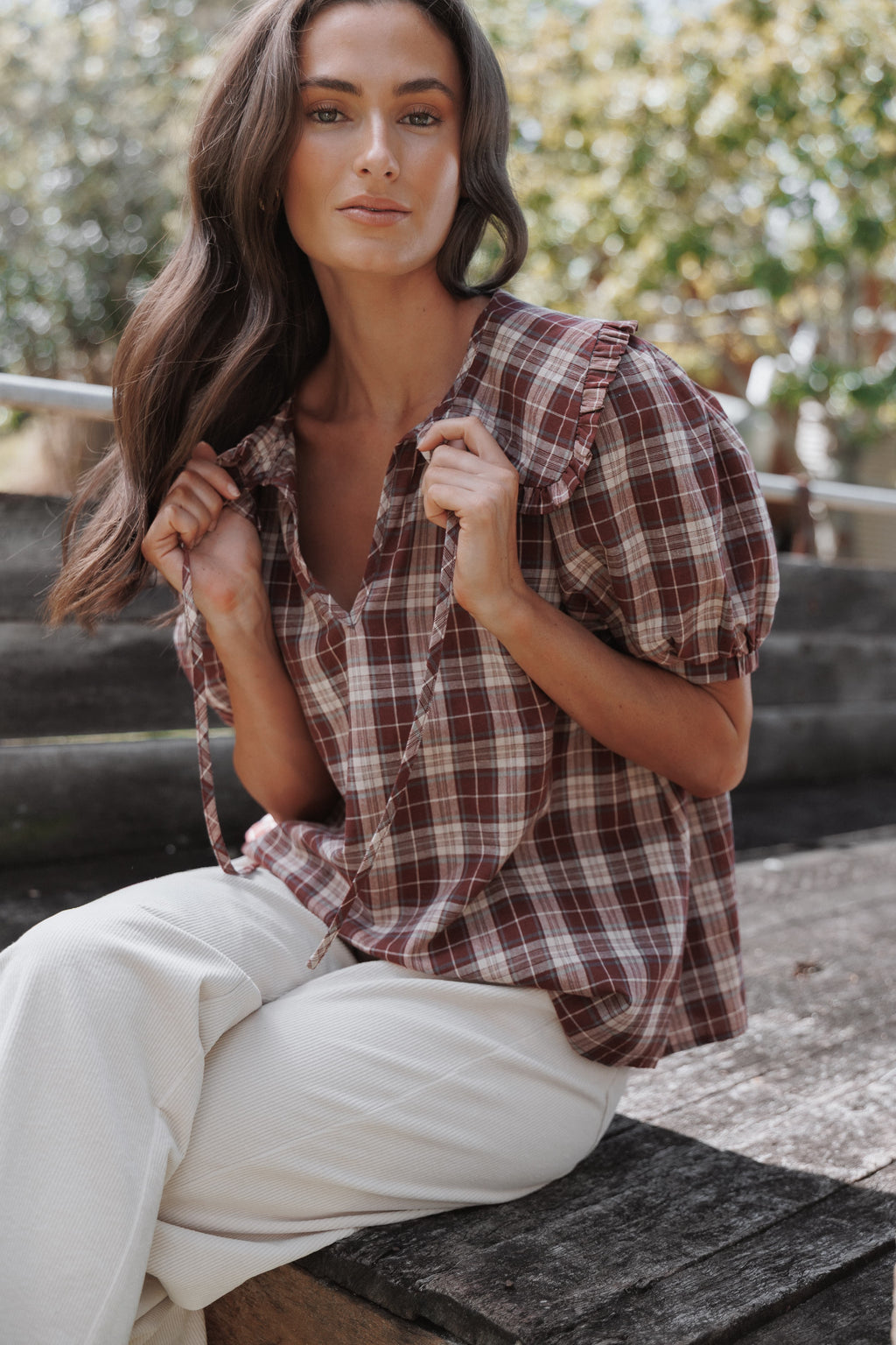 Evandri Frill Collar Top - Burgundy Plaid