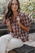 Evandri Frill Collar Top - Burgundy Plaid