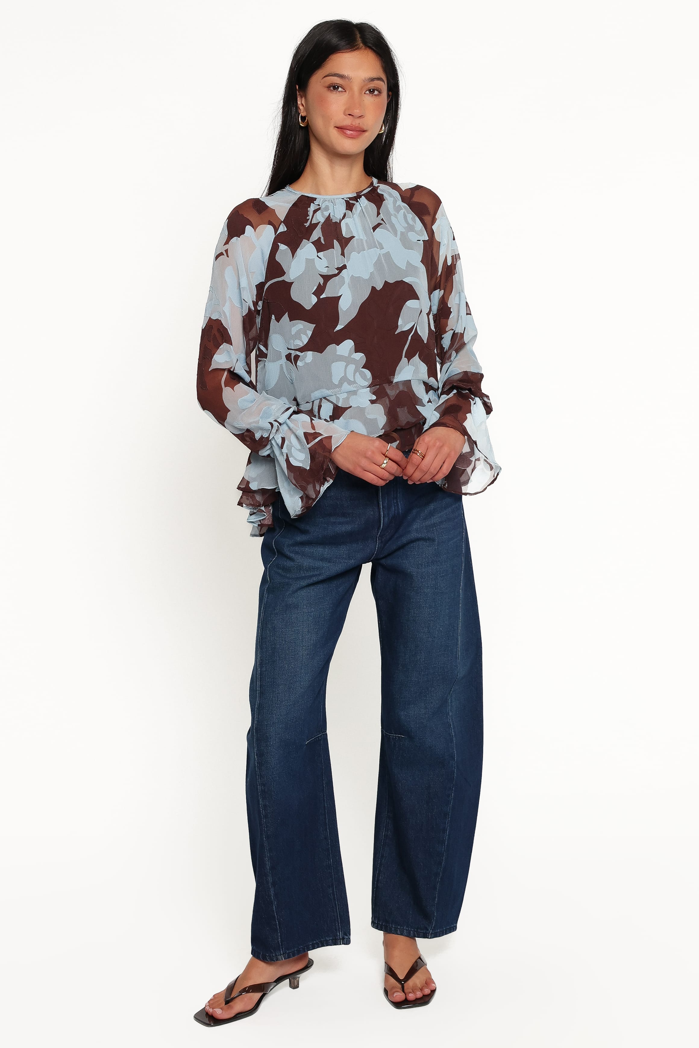 Larson Ruffle Hem Top - Blue Floral Burnout