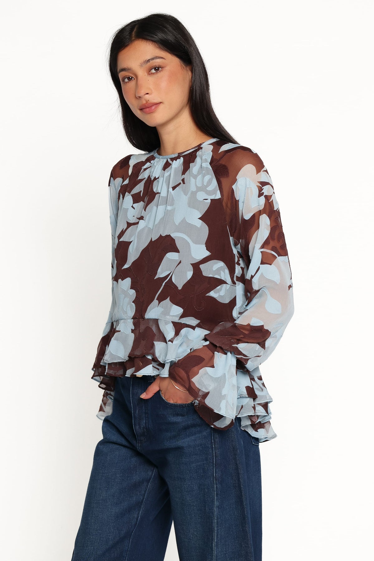 Larson Ruffle Hem Top - Blue Floral Burnout