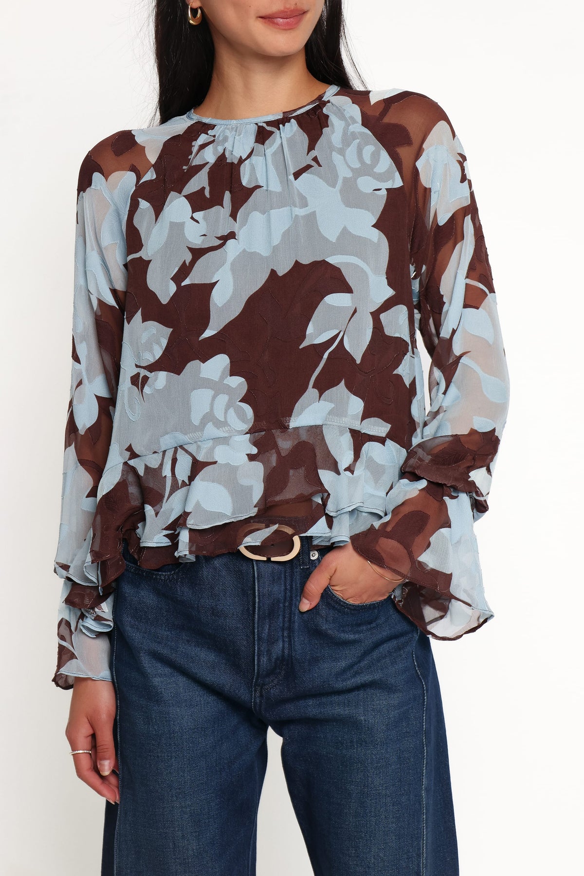 Larson Ruffle Hem Top - Blue Floral Burnout