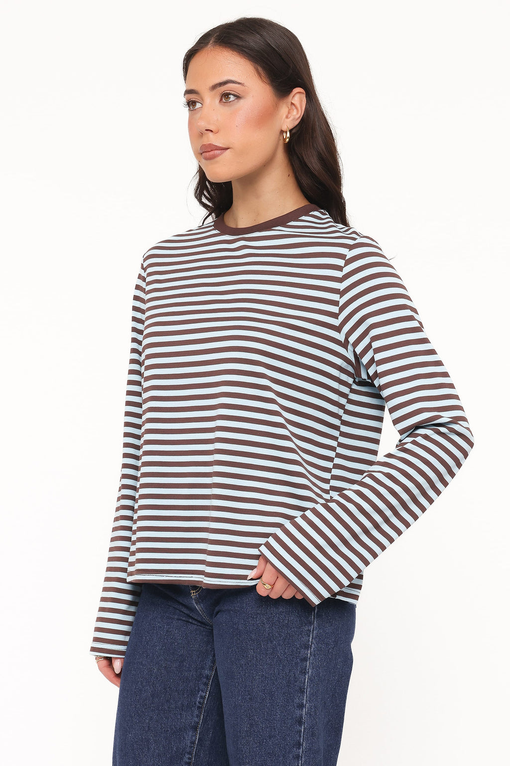 Ruva Long Sleeve Tee - Brown Blue Stripe