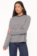 Ruva Long Sleeve Tee - Brown Blue Stripe