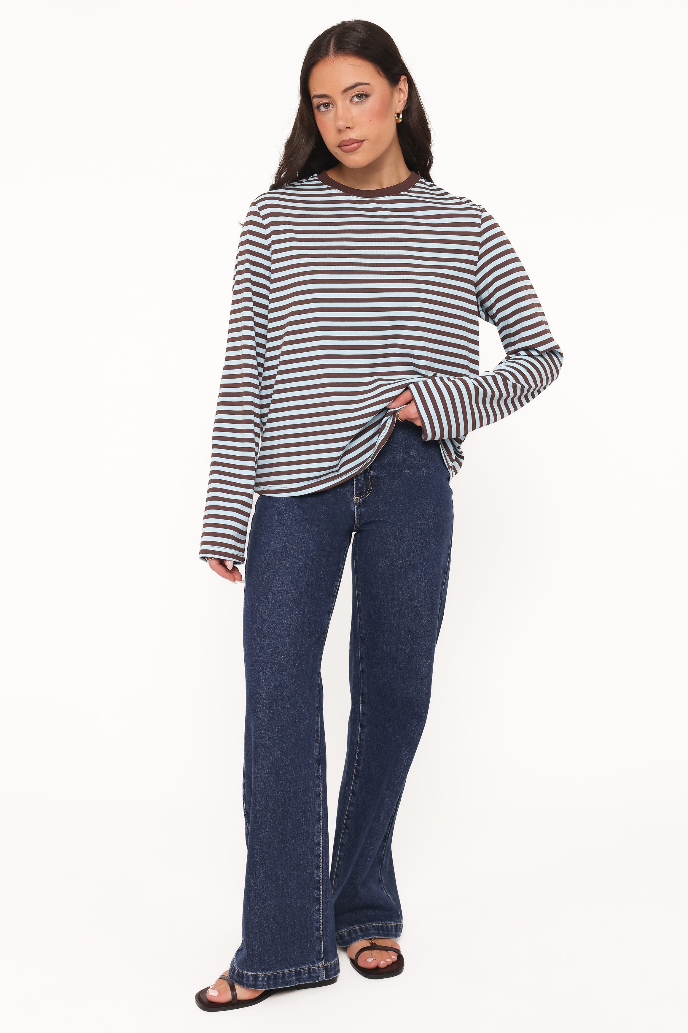 Ruva Long Sleeve Tee - Brown Blue Stripe