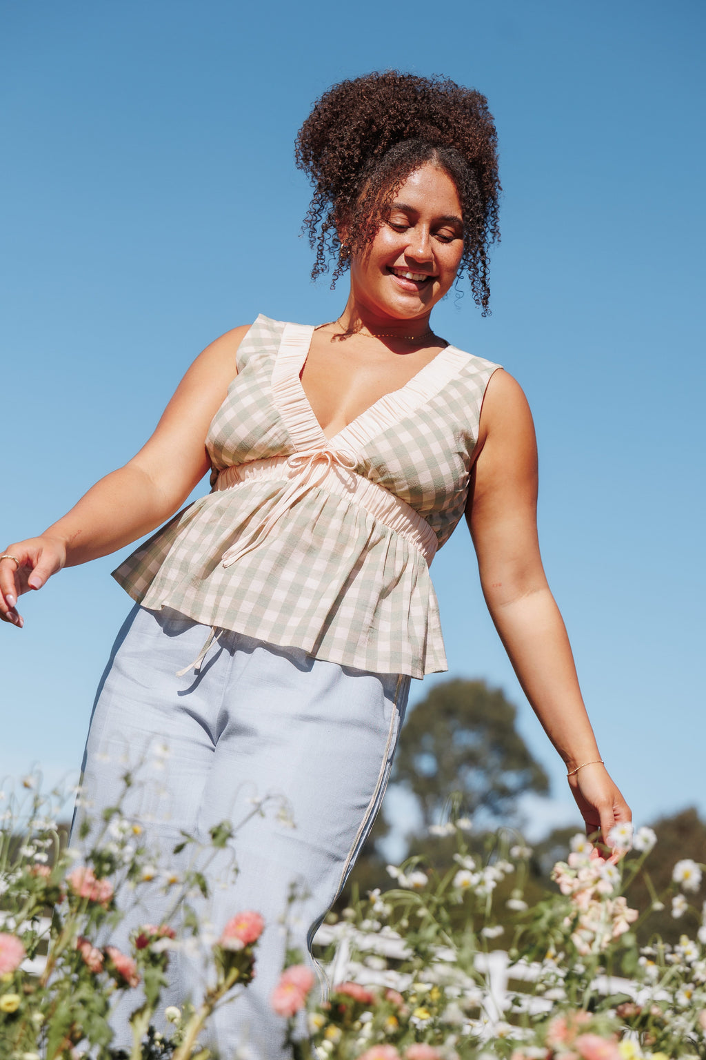 Solace Peplum Top - Green/Pink Gingham