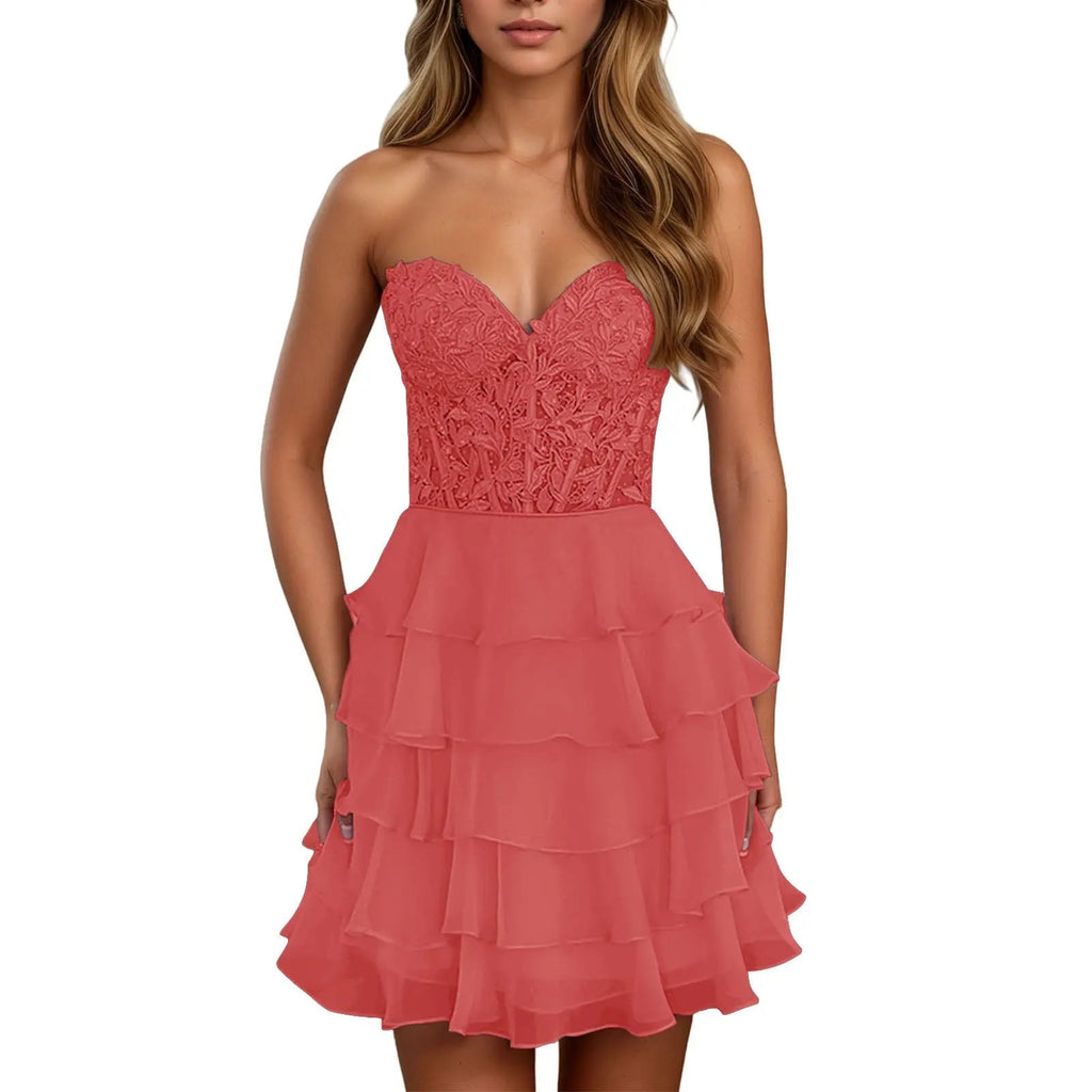 A Line Lilac Strapless Tiered Corset Short Homecoming Dress with Appliques