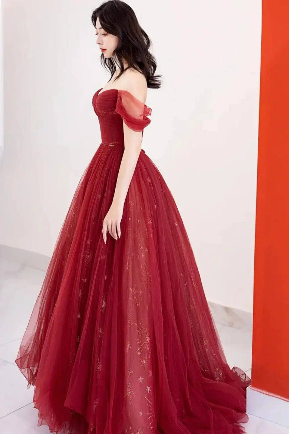 A-Line/Princess Tulle Long Prom Dress.Off the Shoulder Backless Evening Dress