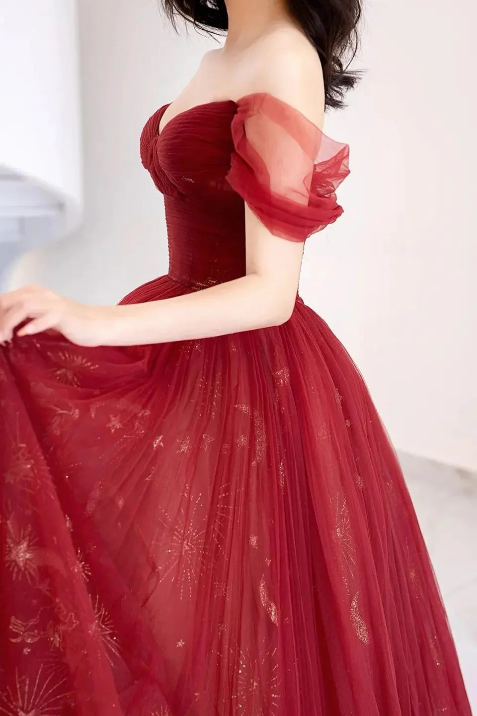 A-Line/Princess Tulle Long Prom Dress.Off the Shoulder Backless Evening Dress